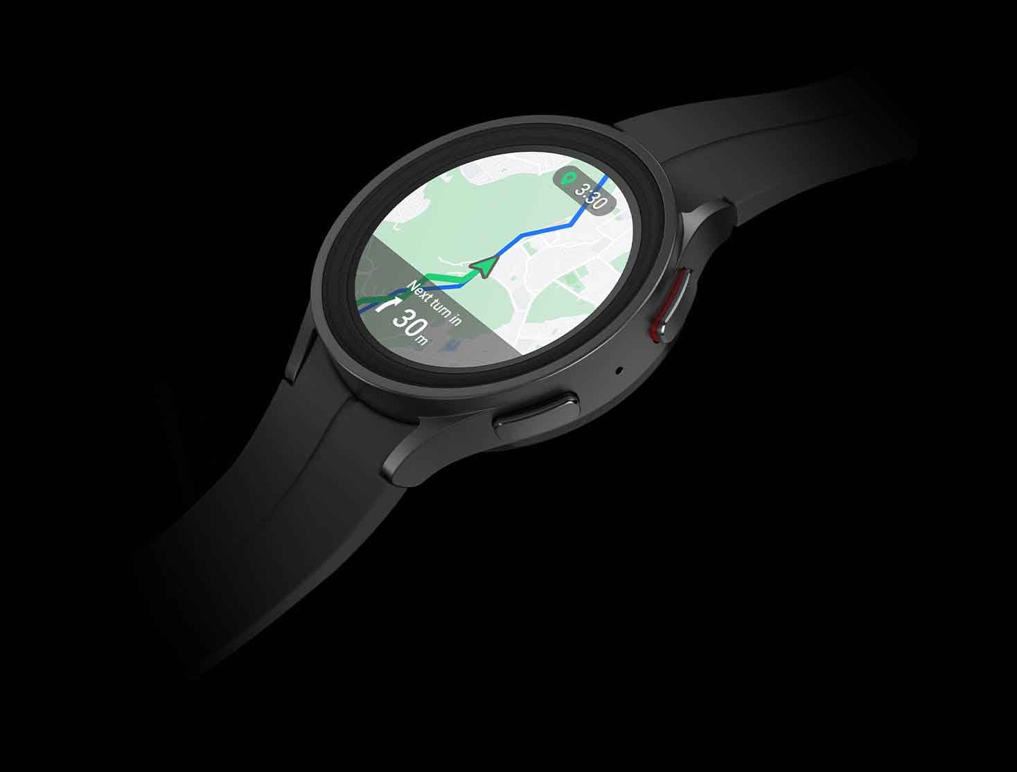Galaxy Watch5 Pro in black titanium, its front displays a map with turn-by-turn navigation.