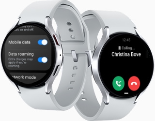 Two Galaxy Watch6 can be seen. The Watch on the left shows the settings screen, with data roaming and mobile data enabled. The Watch on the right shows the call screen with green and red call buttons.