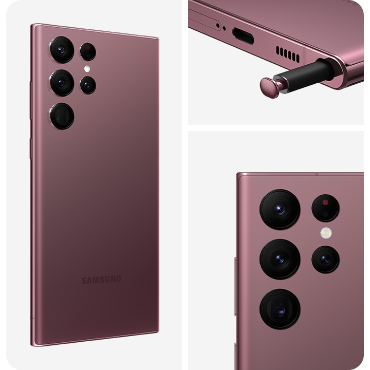 تنقسم الصورة المرئية إلى ثلاث مناطق. في القسم الأيسر ، يكون الجانب الخلفي من هاتف Galaxy S22 Ultra باللون العنابي متجهًا نحو الأمام لليمين بزاوية طفيفة. في القسم العلوي الأيمن ، يتم سحب نهاية قلم S Pen جزئيًا من غلاف الجهاز. في أسفل اليمين ، تتجه لقطة مقربة للكاميرا الخلفية للأمام إلى اليسار بزاوية طفيفة.