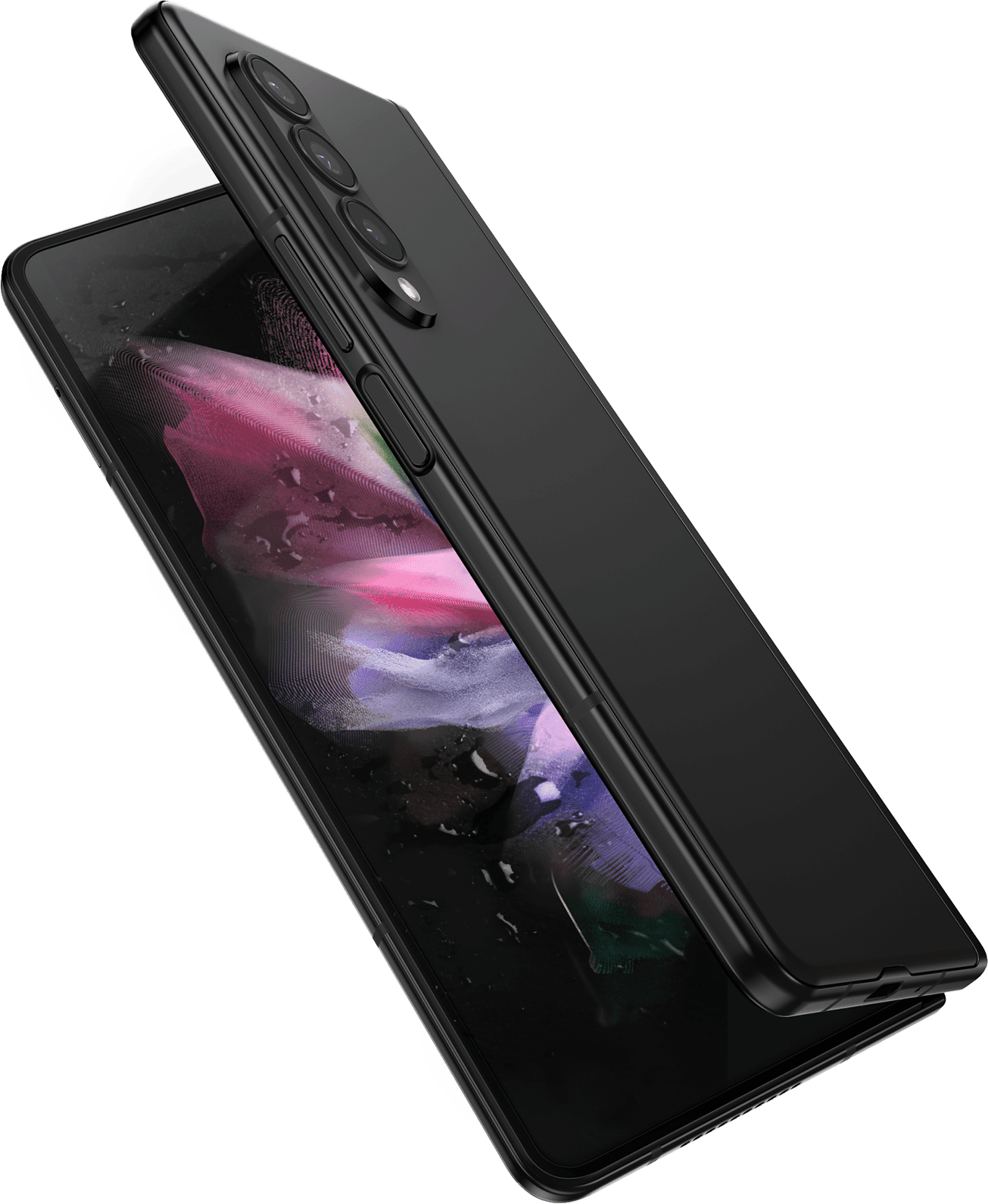 مشهد لهاتف Galaxy Z Fold3 5G وهو مفتوح جزئياً، حيث تراه من الجانب المفتوح، مع ظهور صورة خلفية ملونة على الشاشة الرئيسية. الهاتف محاط برذاذ ماء.
