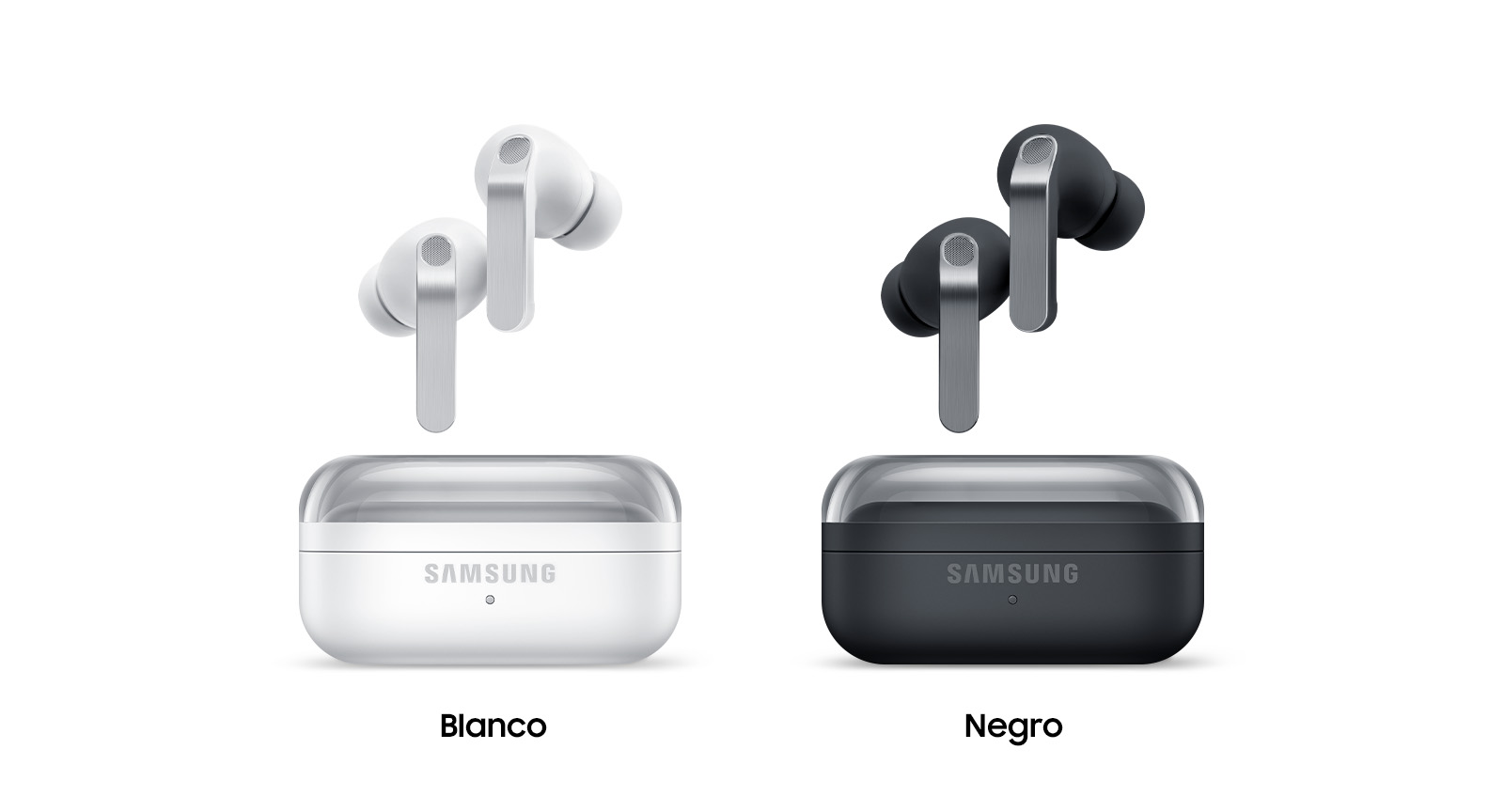 A la izquierda, Galaxy Buds4 Pro en blanco con estuche de carga cerrado debajo y auriculares arriba, destacando el blade metálico. A la derecha, Galaxy Buds4 Pro en negro con estuche de carga cerrado se muestra en la misma posición.