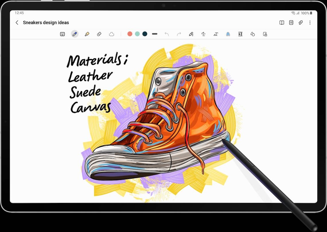 Un diseño de un zapato con las palabras "Materials", "Suede", "Leather" y "Canvas" escritas en la parte superior izquierda usando el S Pen en Samsung Notes.