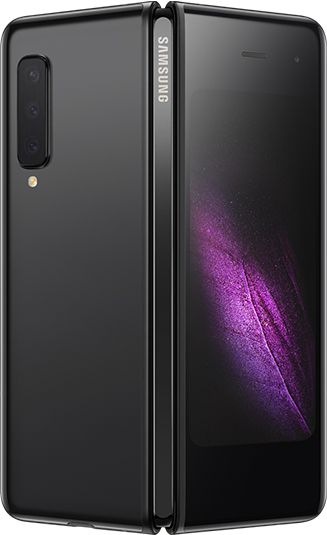 Vista trasera del Galaxy Fold en color Cosmos Black, parcialmente desplegado, que muestra la parte trasera y la pantalla exterior