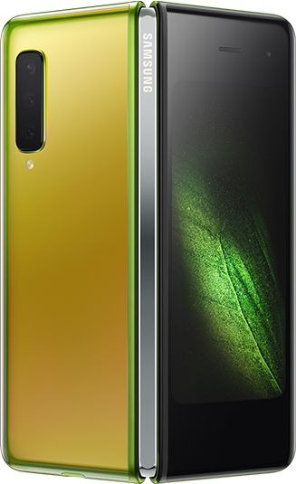 Vista trasera del Galaxy Fold en color Martian Green con bisagra en color Dark Silver, parcialmente desplegado, que muestra la parte trasera y la pantalla exterior