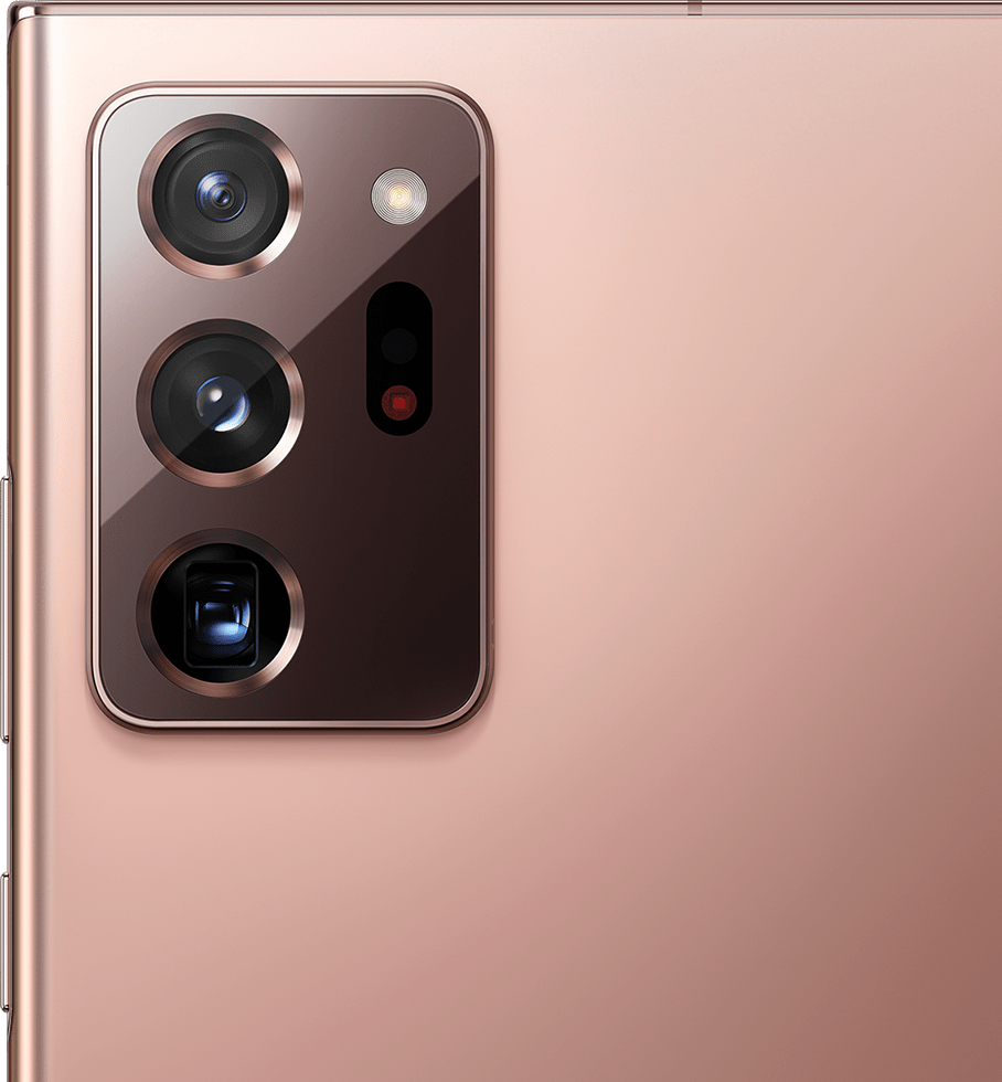 Primer plano de la cámara trasera del Galaxy Note20 Ultra en color Mystic Bronze.