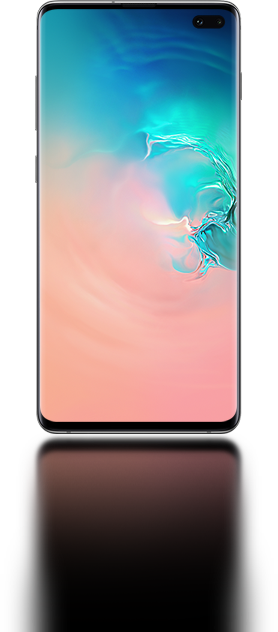 Vista frontal del Galaxy S10 plus. La pantalla muestra un degradado abstracto en tonos coral y azul.