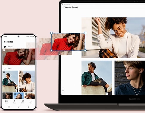La aplicación de galería está abierta en un Galaxy S23+. A su lado, una presentación de concepto de vestuario está abierta en la pantalla de un portátil. Se arrastra y suelta una foto de retrato de la aplicación de galería de Galaxy S23+ en la presentación de la pantalla del portátil.