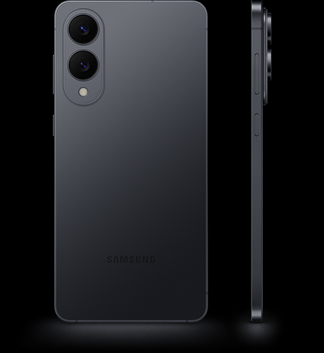 Dos teléfonos Galaxy S25 Edge en Titanio Negro intenso, uno visto desde la parte trasera y otro desde el botón de encendido situado en el lateral.