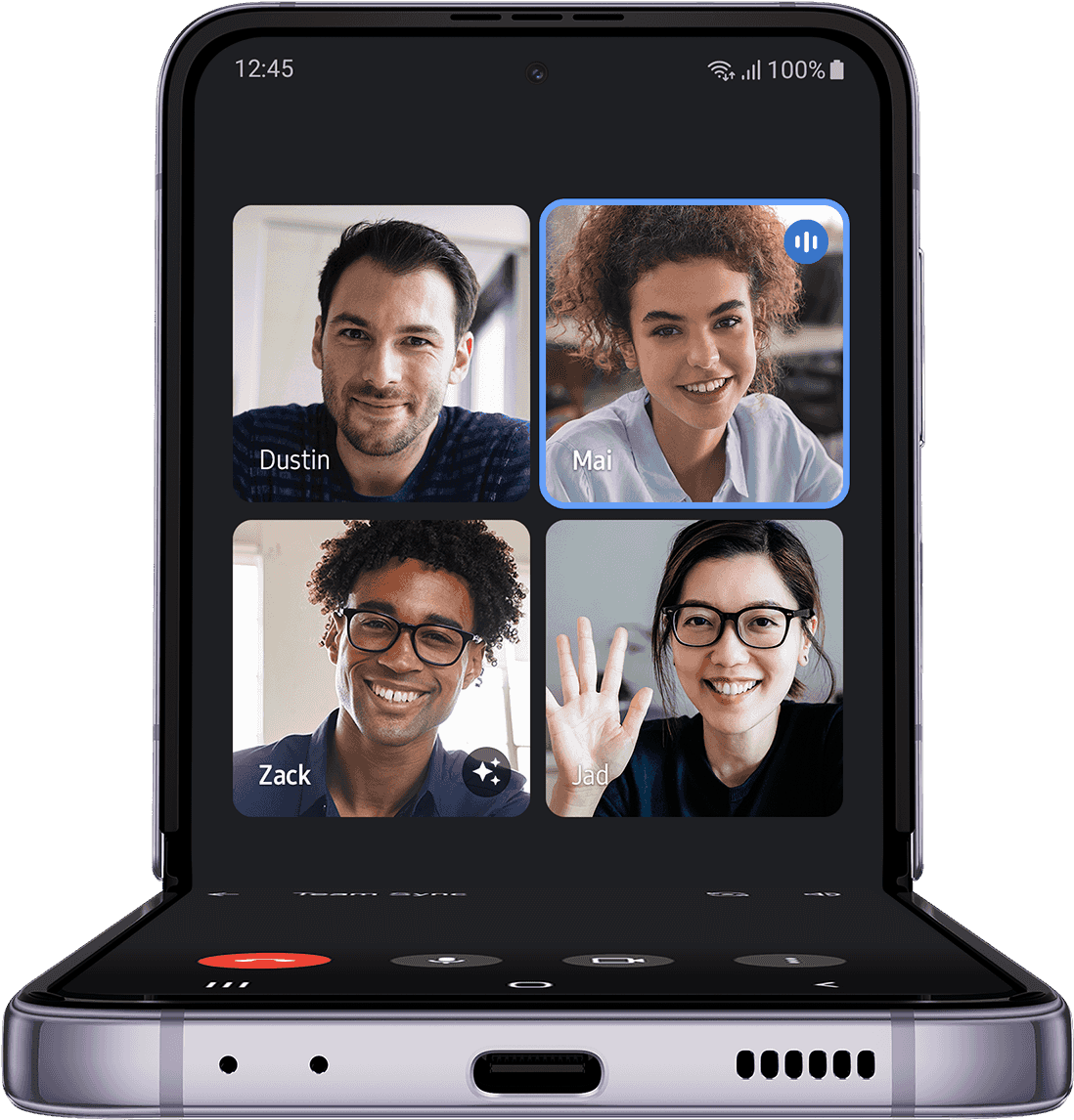 Galaxy Z Flip4 en modo FlexCam muestra una videollamada con cuatro participantes en la pantalla principal.