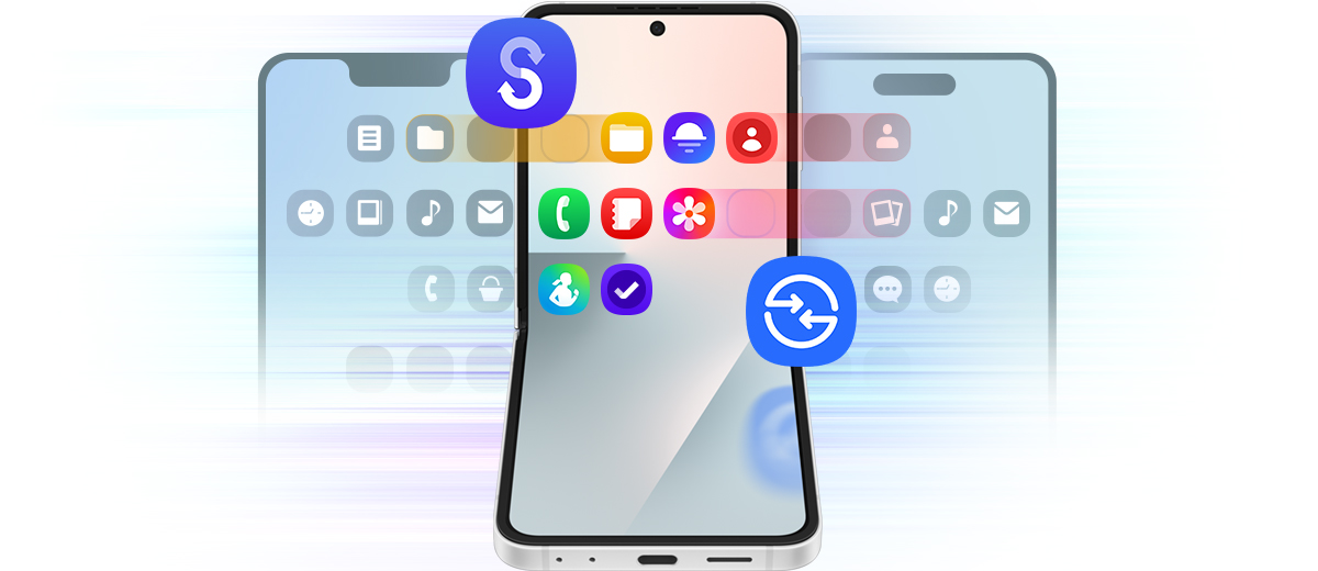 Un Galaxy Z Flip7 FE desplegado visto desde la pantalla principal. Detrás del dispositivo hay otros dos smartphones normales. Aplicaciones e información como fotos, contactos y archivos se transfieren fácilmente desde los smartphones a Galaxy Z Flip7 FE mediante Smart Switch y Quick Share.