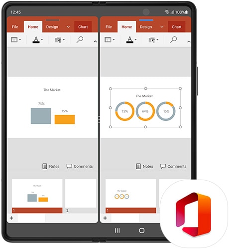 Galaxy Z Fold3 5G desplegado con dos instancias de PowerPoint en la pantalla principal. Una ventana tiene un gráfico de barras y la otra tiene gráficos circulares, para mostrar cómo se puede trabajar en dos documentos a la vez con la multitarea. Logotipo de Microsoft Office.