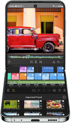 Etunäkymä avattuna Galaxy Z Flip5:stä, jossa on tallennettua videota näytöllä, jota muokataan LumaFusion-sovelluksella, joka on synkronoitu Galaxy Tab S9 -laitteen kanssa.