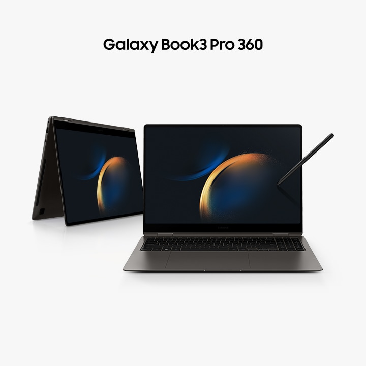 To Galaxy Book3 Pro 360 grafittenheter er side om side. Den til venstre er brettet som et telt og svinges litt til høyre. Den til høyre er åpen, vendt fremover med en P -penn som berører skjermen