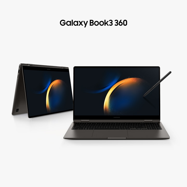 To Galaxy Book3 360 grafittenheter er side om side. Den til venstre er brettet som et telt og svinges litt til høyre. Den til høyre er åpen, vendt fremover med en P -penn som berører skjermen