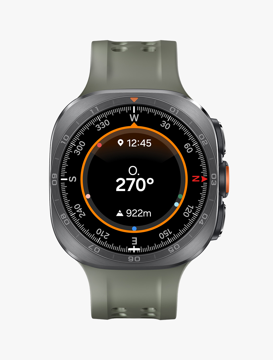 Vue de face et gros plan en angle de la smart watch Galaxy Watch Ultra2 équipée d’un bracelet Sport Extrême de couleur olive, affichant un cadran « Boussole » avec l’inscription « W 270 degrés » et des repères de direction. La même montre est présentée en gros plan afin de mettre en valeur la texture et les détails de conception du bracelet.