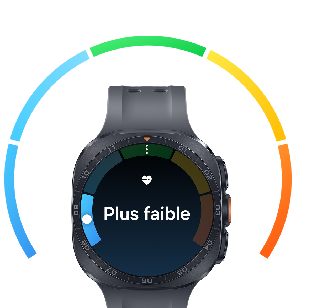 Une montre Bluetooth Galaxy Watch Ultra2 de couleur Noir Titane avec un bracelet Sport Extrême noir, vue de face, l’interface de suivi cardiovasculaire s’affichant à l’écran avec des barres colorées et le texte « Lower », la barre bleue étant mise en évidence.