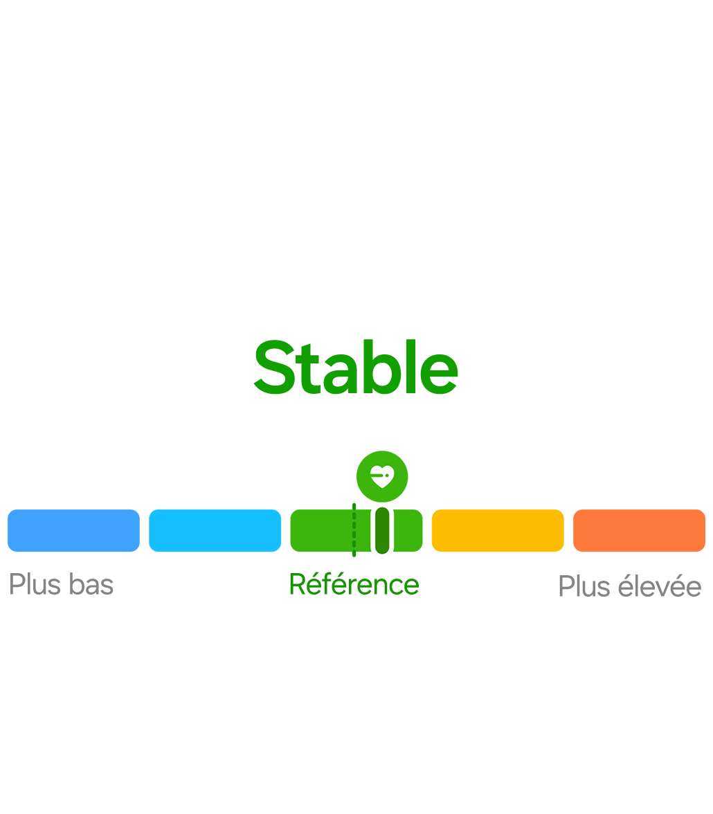 Une barre de suivi cardiovasculaire segmentée affichant « Steady » en vert, avec le marqueur actuel positionné sur « Baseline », l’échelle allant de « Lower » en bleu à « Higher » en orange.