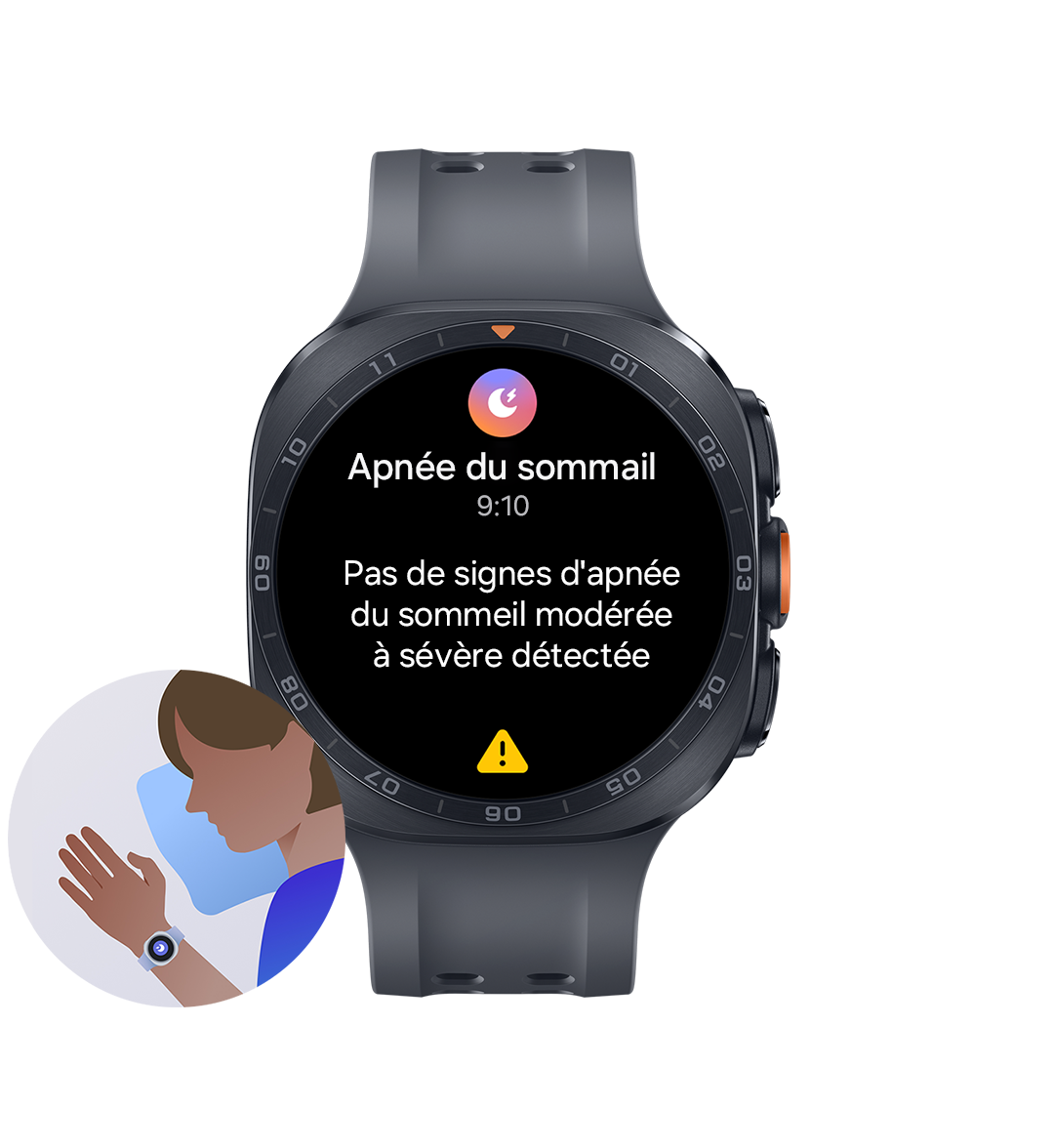 Galaxy Watch Ultra2 en Noir Titane avec un bracelet Sport Extrême noir, vue de face, l’interface de la fonctionnalité d’apnée du sommeil s’affichant à l’écran avec une icône d’apnée du sommeil, l’heure, le texte « Aucun signe d’apnée du sommeil modérée à sévère n’a été détecté » et un symbole d’avertissement en bas. Icône illustrative représentant une personne portant la Galaxy Watch Ultra2 au poignet pendant son sommeil, la fonctionnalité de détection du risque d’apnée du sommeil étant activée.