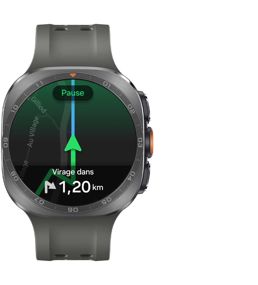 La Galaxy Watch Ultra2 en Argent Titane avec un bracelet Sport Extrême couleur Olive est présentée de face, l’écran affichant la navigation GPS avec un guidage en temps réel sur un itinéraire GPX. La navigation est en pause, avec le texte « Prochain virage dans 1,20 km ».

