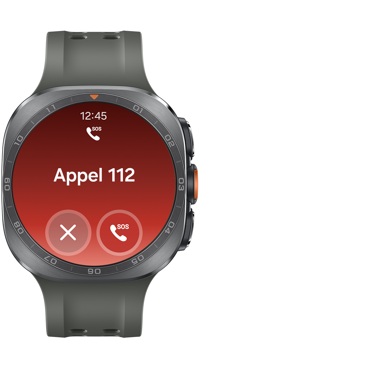 La Galaxy Watch Ultra2 en Argent Titane, équipée d’un bracelet Sport Extrême de couleur olive. Elle affiche l’heure et la fonction d’appel SOS en haut de l’écran, le texte « Appeler le 911 » au centre, ainsi qu’un bouton d’annulation et un bouton d’appel SOS en bas. La fonction SOS d’urgence s’active en appuyant cinq fois sur le bouton d’accueil..