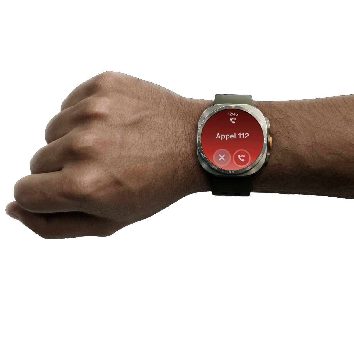 La montre connectée Samsung Galaxy Watch Ultra2 en Argent Titane avec un bracelet Sport Extrême de couleur olive affichant l’heure et l’appel SOS en haut, le texte « Appeler le 911 » au centre, ainsi qu’un bouton d’annulation et un bouton d’appel SOS en bas.