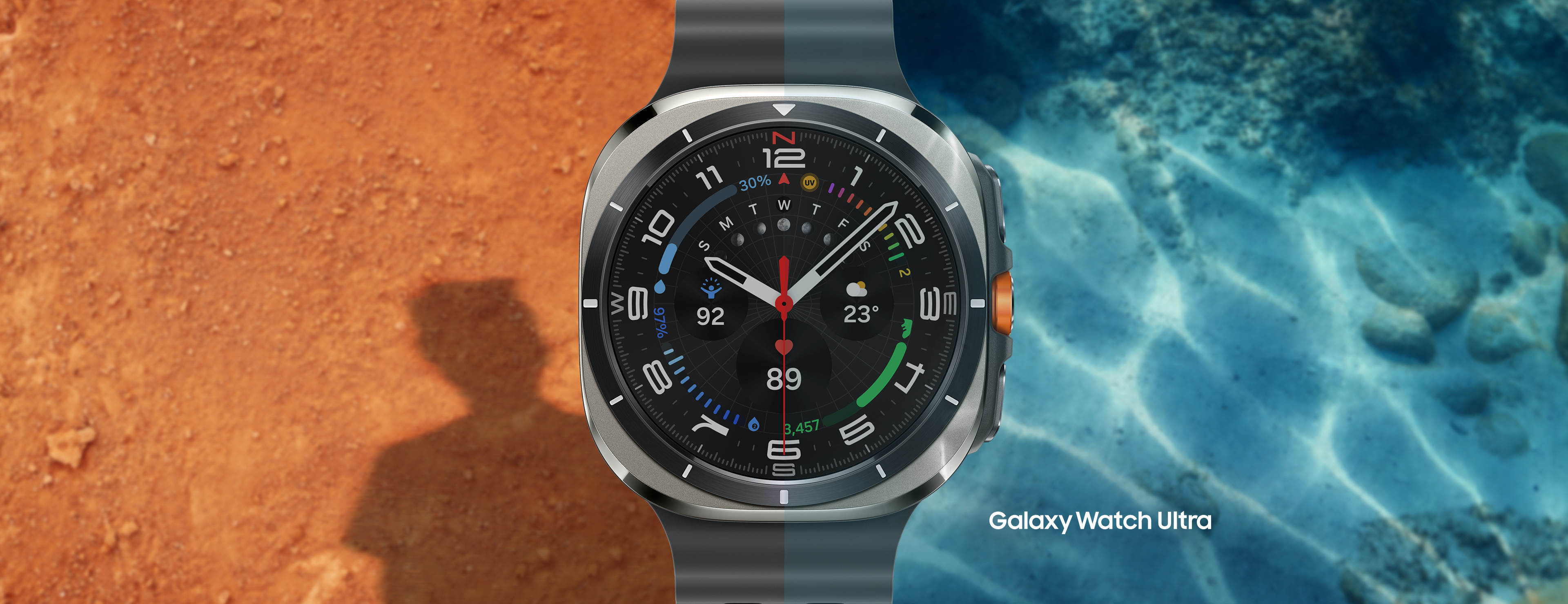 Comparaison côte à côte de deux modèles de montres connectées Samsung Galaxy Watch en extérieur, en plein soleil. Les Galaxy Watch Ultra2 et la Galaxy Watch Ultra respectivement sur un fond composé d’un terrain sablonneux et d’une surface d’eau ensoleillée. L’écran de la Galaxy Watch Ultra2 est plus lumineux que celui de la Galaxy Watch Ultra, ce qui met en valeur la luminosité supérieure de 5 000 nits de la Galaxy Watch Ultra2.

