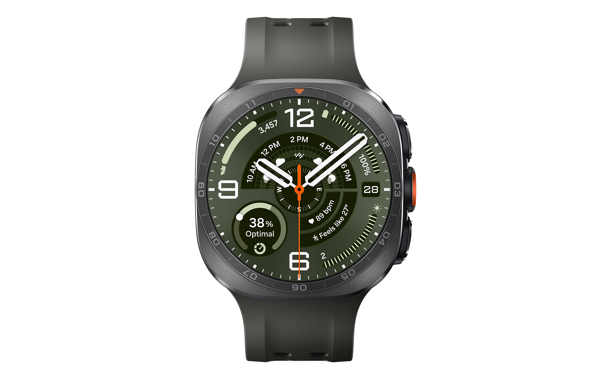 La nouvelle montre connectée ultra équipée Samsung Galaxy Watch Ultra2 en Argent Titane avec un bracelet Sport Extrême Olive, photographiée de face avec des éclaboussures d’eau et du sable et des graviers éparpillés autour de la montre afin de mettre en avant sa robustesse face aux éléments tels que l’eau et la poussière.