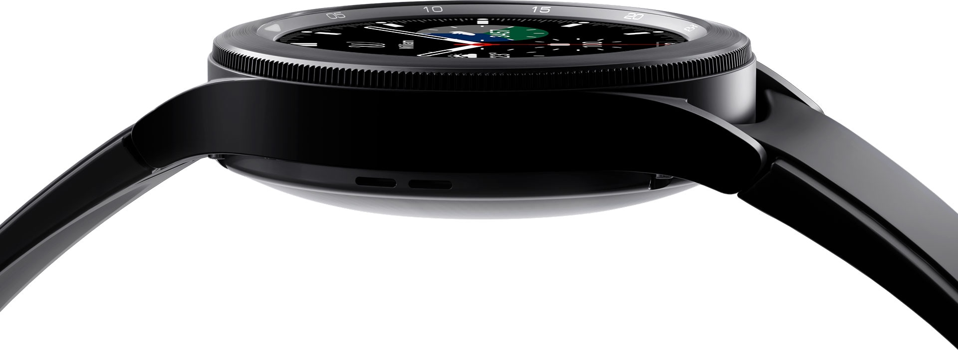 La montre de la Galaxy Watch 4 Classic est affichée en gros plan, avec les détails de son cadran clairement représentés.