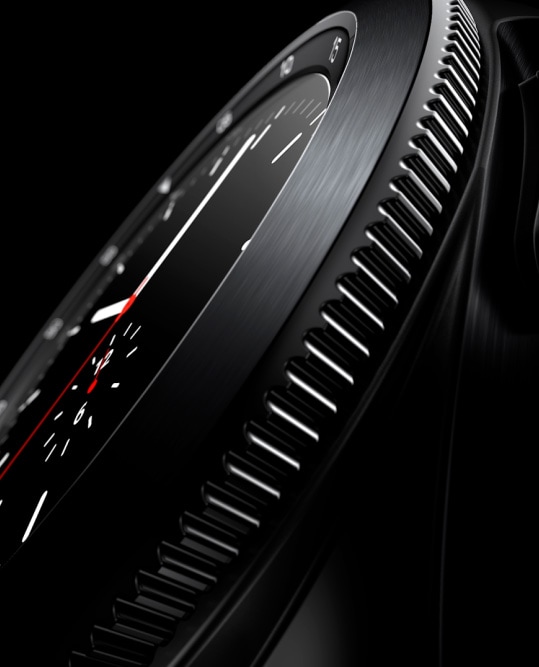 Un gros plan sur le cadran rotatif d’une Galaxy Watch 4 Classic noire et ses détails.