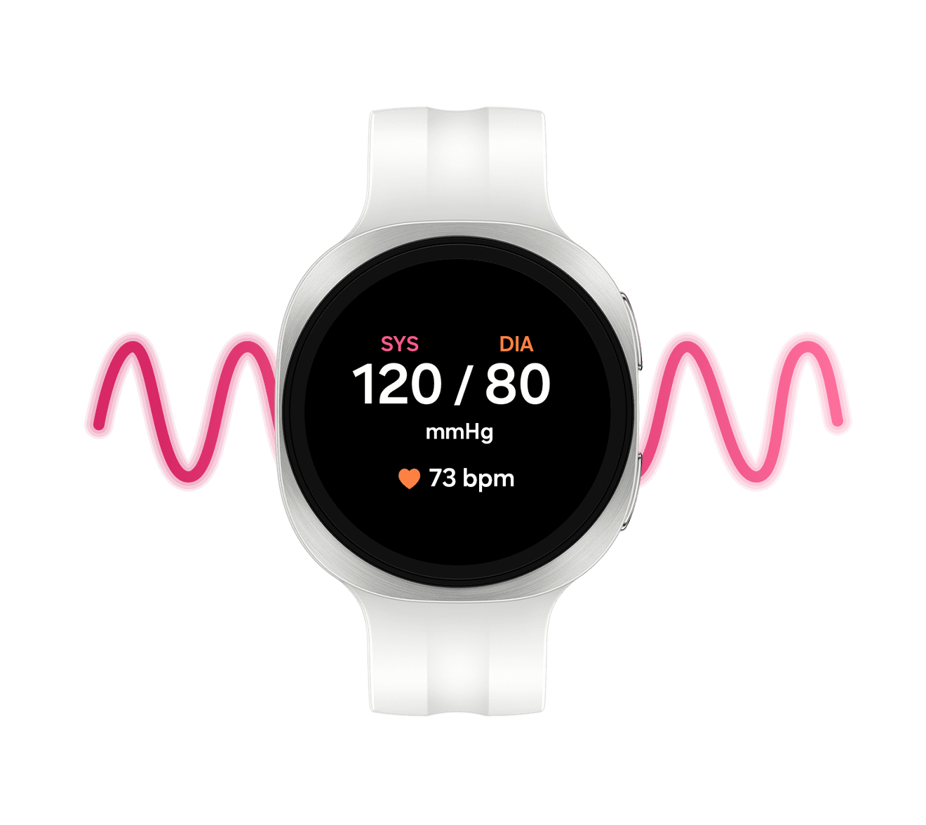 La Galaxy Watch9 en argent avec un bracelet Sport de couleur Crème, vue de face, affichant la fonctionnalité de surveillance de la tension artérielle avec les mentions « SYS 120, DIA 80 mmHg » et « 73 bpm ».