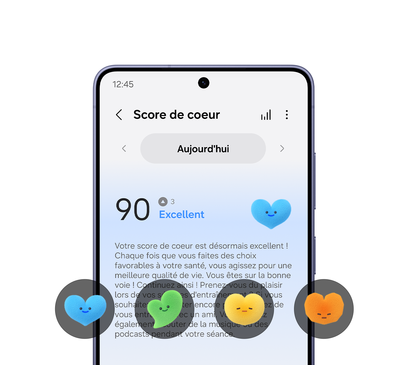 Un excellent score de santé cardiaque de 90 affiché par la meilleure montre connectée Samsung Galaxy Watch9 sur l’écran du Galaxy S26, accompagné d’une explication du score. Au total, 4 icônes colorées représentant différents niveaux du score de santé cardiaque sont affichées.