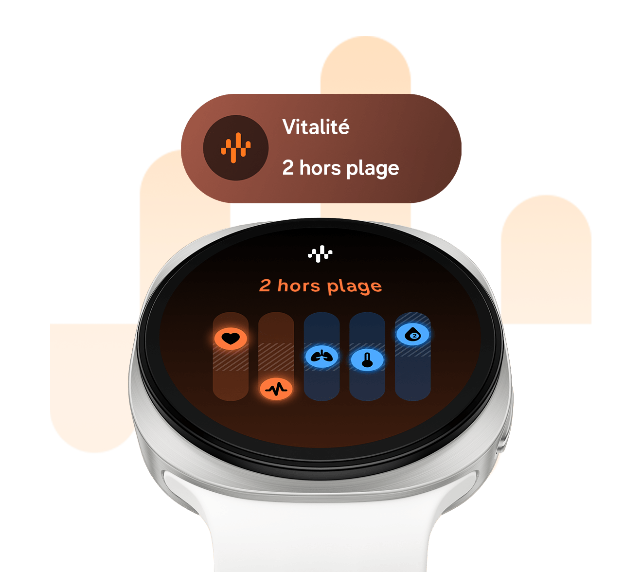 meilleure montre connectée Samsung Galaxy Watch9 de couleur Crème avec un bracelet Sport de même couleur, orientée légèrement vers le haut, avec l’interface de suivi des signes vitaux