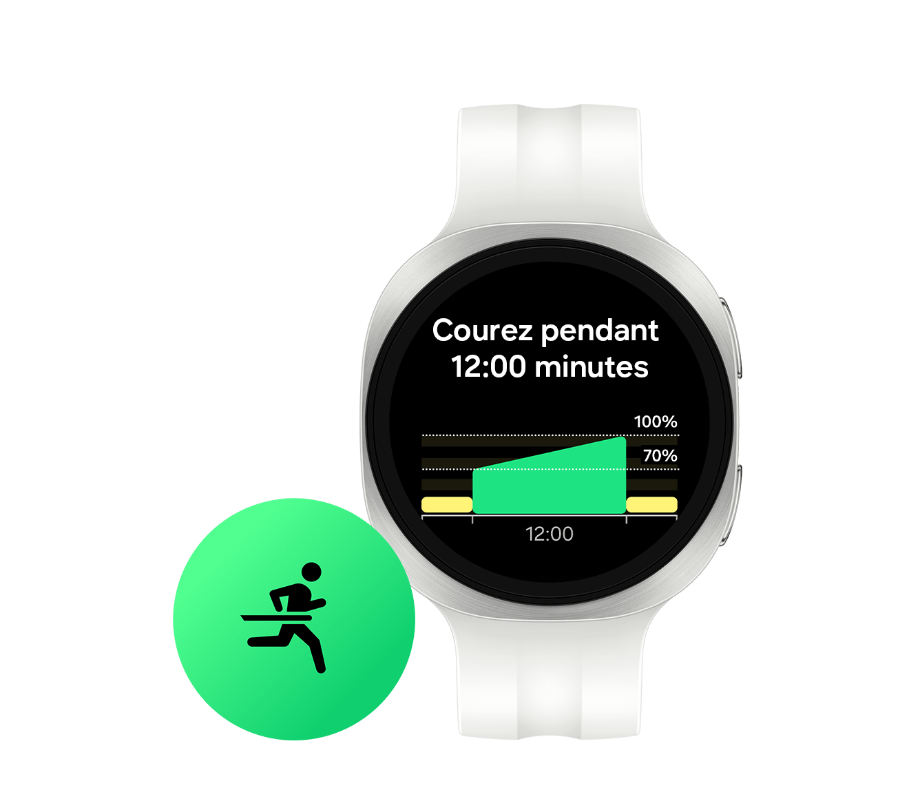 Programme Coach Running de la meilleure montre connectée Samsung Galaxy Watch9 de couleur Crème équipée d’un bracelet Sport de couleur Crème. Texte : « Courir pendant 12:00 minutes » et graphique correspondant ci-dessous. À côté de la meilleure montre connectée Samsung Galaxy Watch9 se trouve l’icône de l’exercice « Course à pied ».