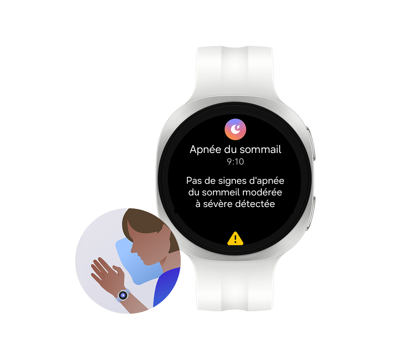 nouvelle montre connectée Samsung Galaxy Watch9 Argent avec un bracelet Sport de couleur Crème, vue de face, affichant l’interface de la fonctionnalité de détection du risque d’apnée du sommeil sur l’écran, avec une icône d’apnée du sommeil, l’heure et le texte « Aucun signe d’apnée obstructive du sommeil modérée à sévère n’a été détecté ». Icône illustrative représentant une personne portant la nouvelle montre connectée Samsung Galaxy Watch9 au poignet pendant son sommeil, avec la fonctionnalité de détection du risque d’apnée du sommeil activée.