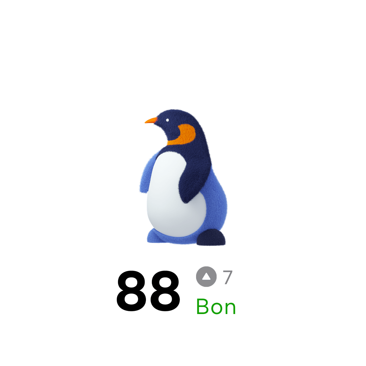 Interface « Sleep Coaching » sur la nouvelle montre connectée Samsung Galaxy Watch9 : icône en forme de pingouin, symbolisant l’un des huit animaux représentant les types de sommeil, et un « Good » score de 88, soit une baisse de 7 points par rapport à la veille.