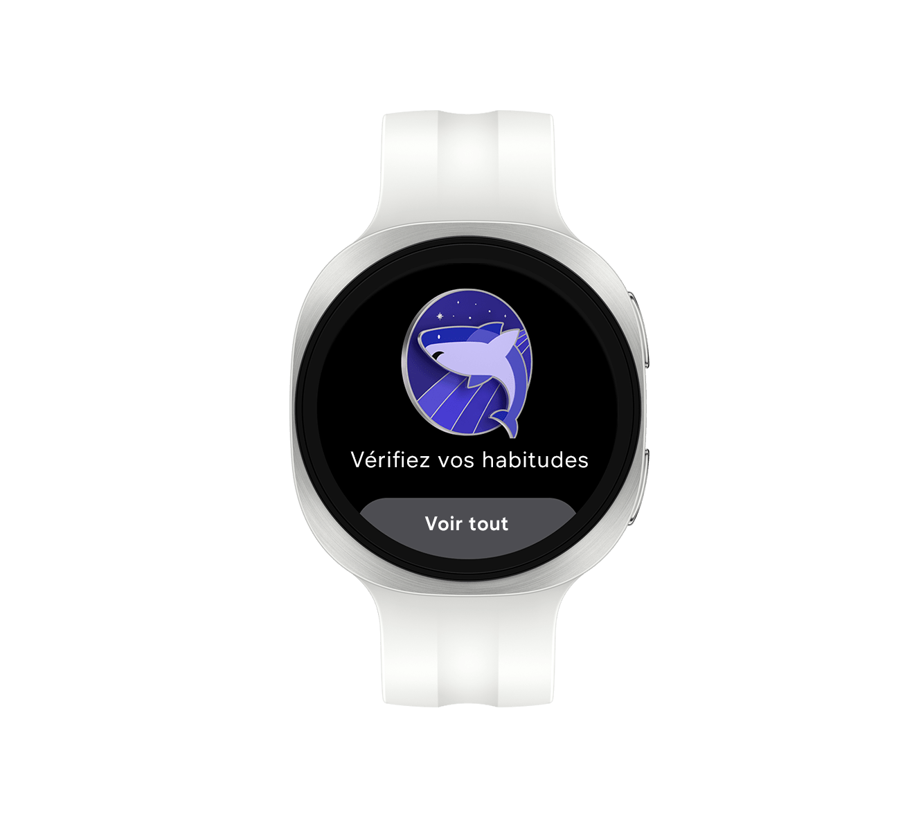 nouvelle montre connectée Samsung Galaxy Watch9 en argent avec un bracelet Sport de couleur Crème, vue de face, affichant l’interface « Sleep Coaching » avec une icône en forme de requin et le texte « Vérifiez vos habitudes. Tout afficher.