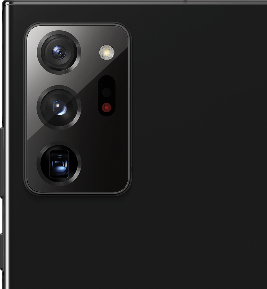 Gros plan sur lappareil photo arrire du Galaxy Note20 Ultra Mystic Black.