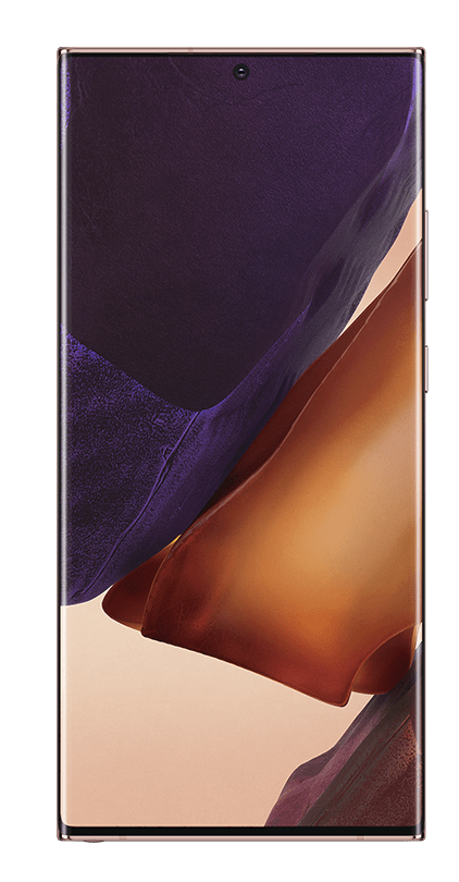 Galaxy Note20 Ultra Mystic Bronze vu de face avec un fond dcran graphique.