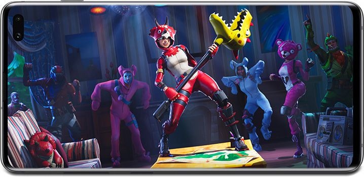 Galaxy S10 plus en mode paysage avec une scène du jeu Fortnite à l'écran