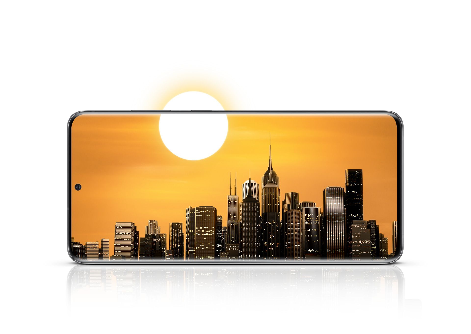 Galaxy S20 Ultra vu de face en orientation et mode paysage. On voit les gratte ciel de la ville sur l'écran. Le soleil couchant occupe la moitié de l'écran et la moitié de l'image hors écran pour montrer la batterie longue durée.