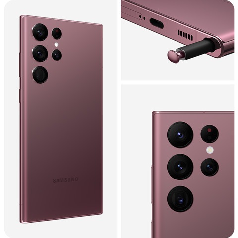 The visual is split into three areas. In the left division, the rear side of a Burgundy Galaxy S22 Ultra is facing forward to the right at a slight angle. In the top-right division, the end of an S Pen is partially retracted from the device’s sheath. In the bottom-right, a close up of the rear camera is facing forward to the left at a slight angle.