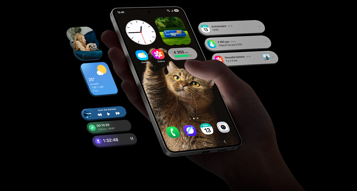 Galaxy S25 Edge с различными виджетами на главном экране. Устройство окружено другими виджетами и уведомлениями. Слева находятся виджеты Галерея, Погода и Музыка, а также уведомления о тренировках и таймере на панели Now Bar. Справа видны уведомления.