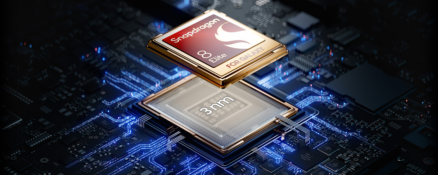Красно-золотой процессор Galaxy Snapdragon 8 Elite парит над плоским черным кристаллом с надписью 3 нм.
