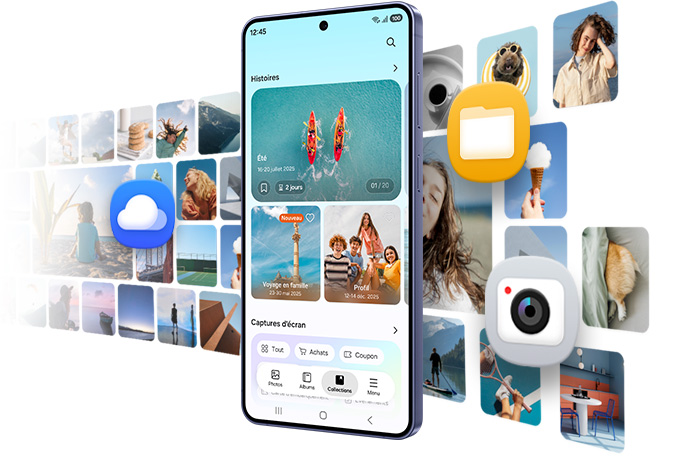 Le Galaxy S26 plus est vu depuis l’écran principal. L’application Galerie est ouverte et affiche les photos stockées. D’autres applications sont également visibles pour vous montrer que vous pouvez stocker différents types de contenu sur l’appareil.