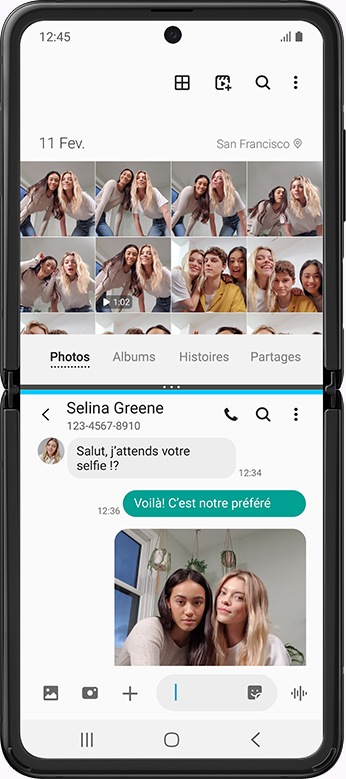 Galaxy Z Flip, ouvert, avec sur l'écran le Multi active window, montrant la galerie d'image en haut de l'écran et les messages en bas.