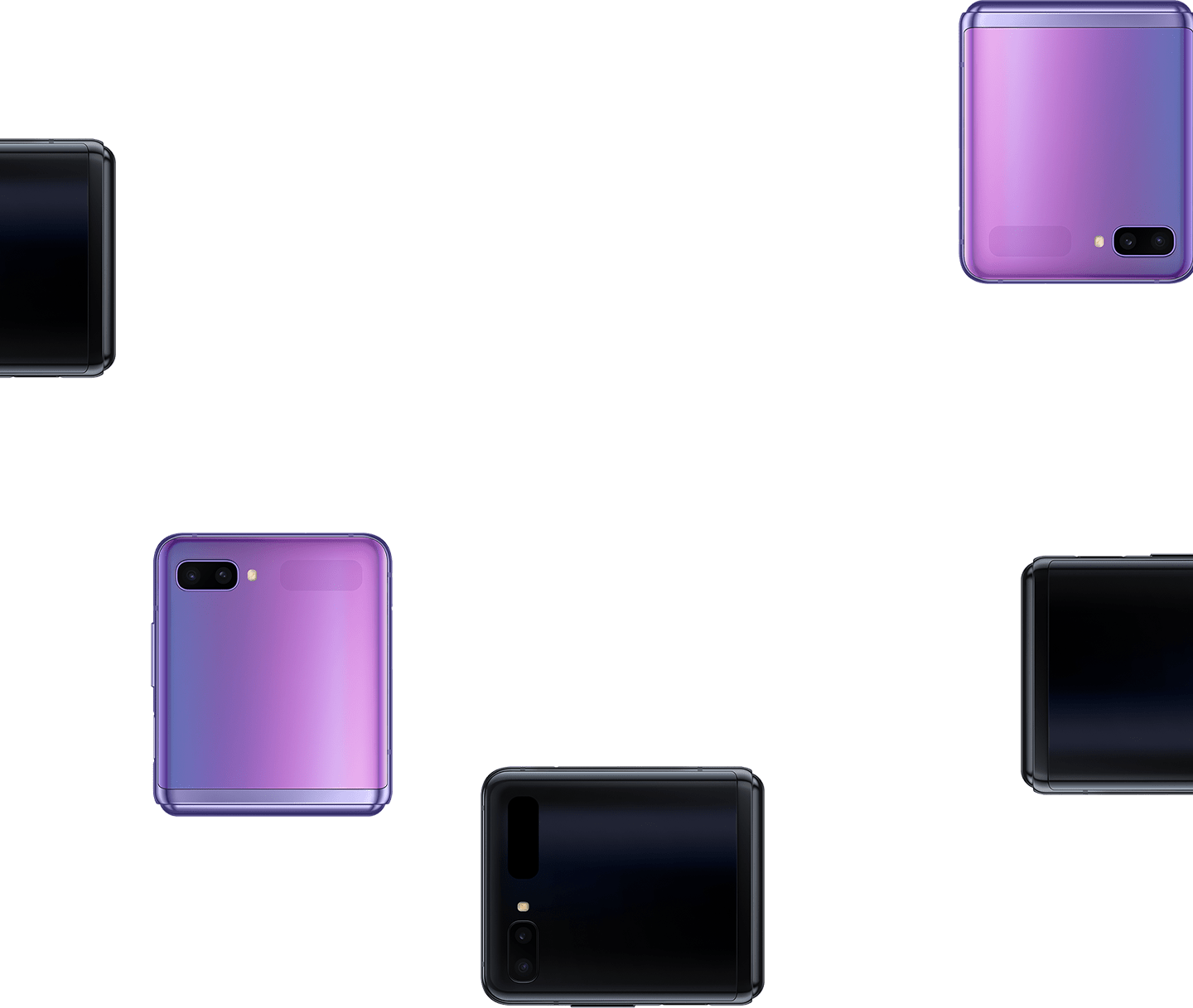 Plusieurs smartphones Galaxy Z Flip en Mirror Purple et en Mirror Black, repliés. 