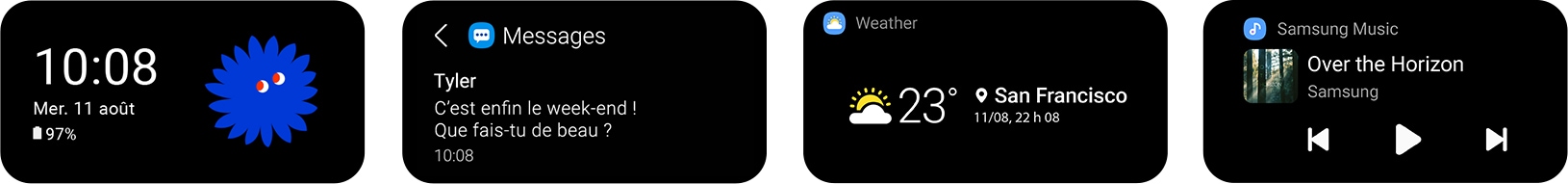 Un 8 couleur crme sur fond noir avec des aiguilles de montre. Il recule pour laisser apparatre la forme de lcran extrieur du Galaxy Z Flip3 5G, qui indique la date du mercredi 11 aot et ltat de la batterie  97 %. Arrt sur lcran extrieur pour prsenter une option daffichage. Dautres options daffichage apparaissent en arrire-plan, comme une notification de messages de Tyler, la mto  San Francisco et des commandes de Samsung Music.