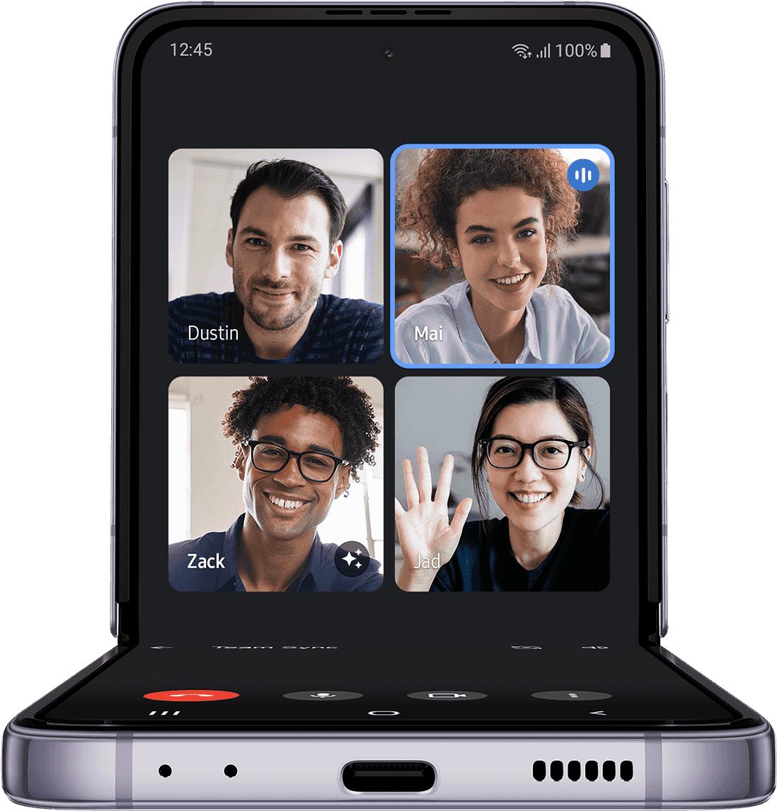 Le Galaxy Z Flip4 en mode FlexCam affiche un appel vidéo avec quatre participants sur l’écran principal.