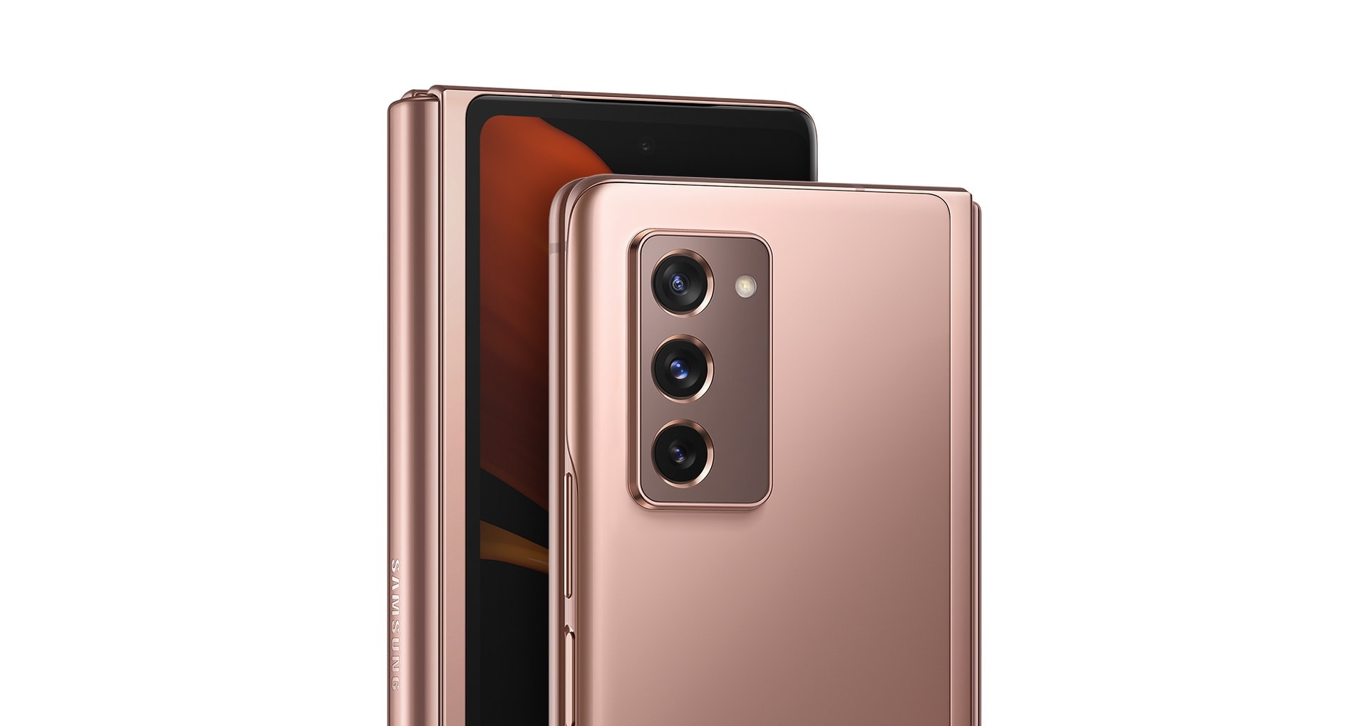 Deux téléphones Galaxy Z Fold2 Bronze Mystic pliés, l’un vu de face et l’autre vu de l’arrière. Celui vu de face affiche un fond d’écran papillons.