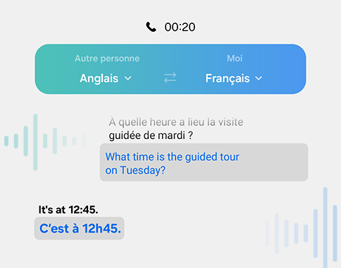 Un appel téléphonique est traduit en temps réel. Le dialogue est ensuite affiché sur un écran dans deux langues différentes.